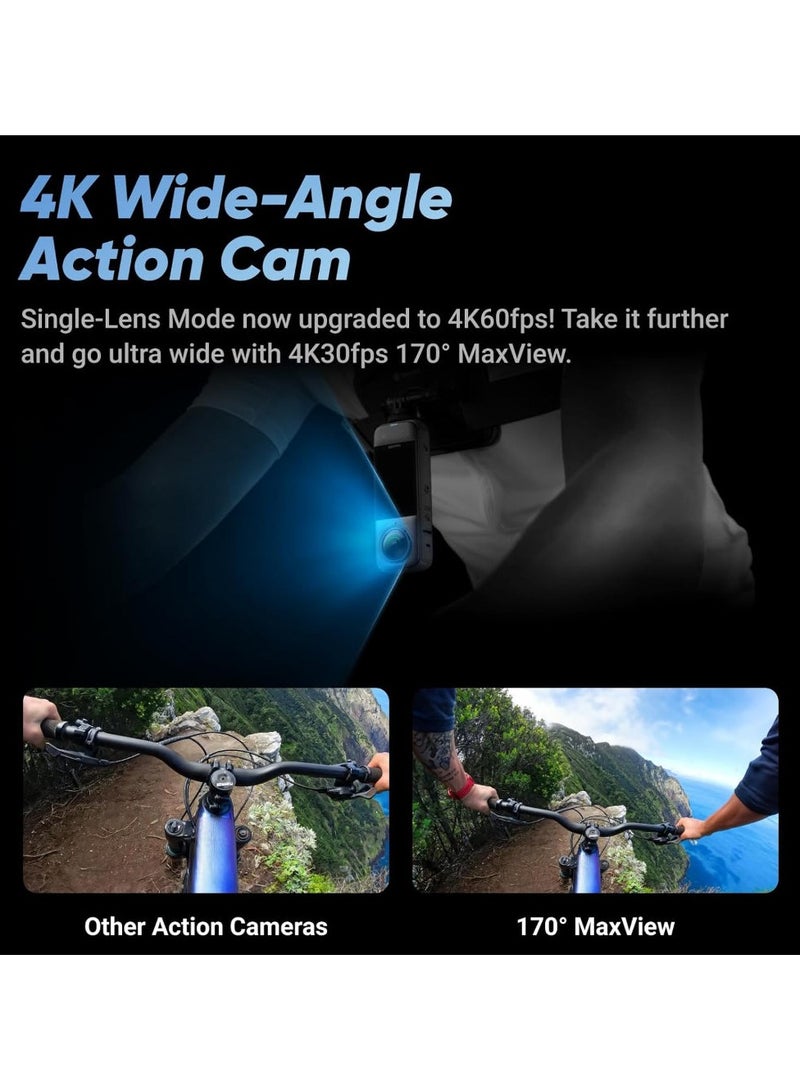 X4 Adventure Bundle- 8K Waterproof 360 Action Camera, 4K Wide-Angle Video, 256GB Mcard, Removable Lens Guards, 114cm Invisible Selfie Stick, 135 Min Battery Life, AI Editing, Stabilization - Black