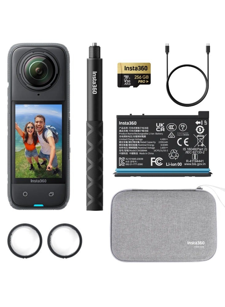 X4 Adventure Bundle- 8K Waterproof 360 Action Camera, 4K Wide-Angle Video, 256GB Mcard, Removable Lens Guards, 114cm Invisible Selfie Stick, 135 Min Battery Life, AI Editing, Stabilization - Black