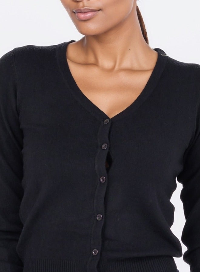 Classic Black V-Neck Button-Down Cardigan