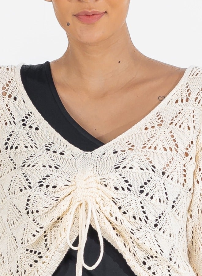 Crochet Knit Sweater - V-Neck Drawstring Pullover