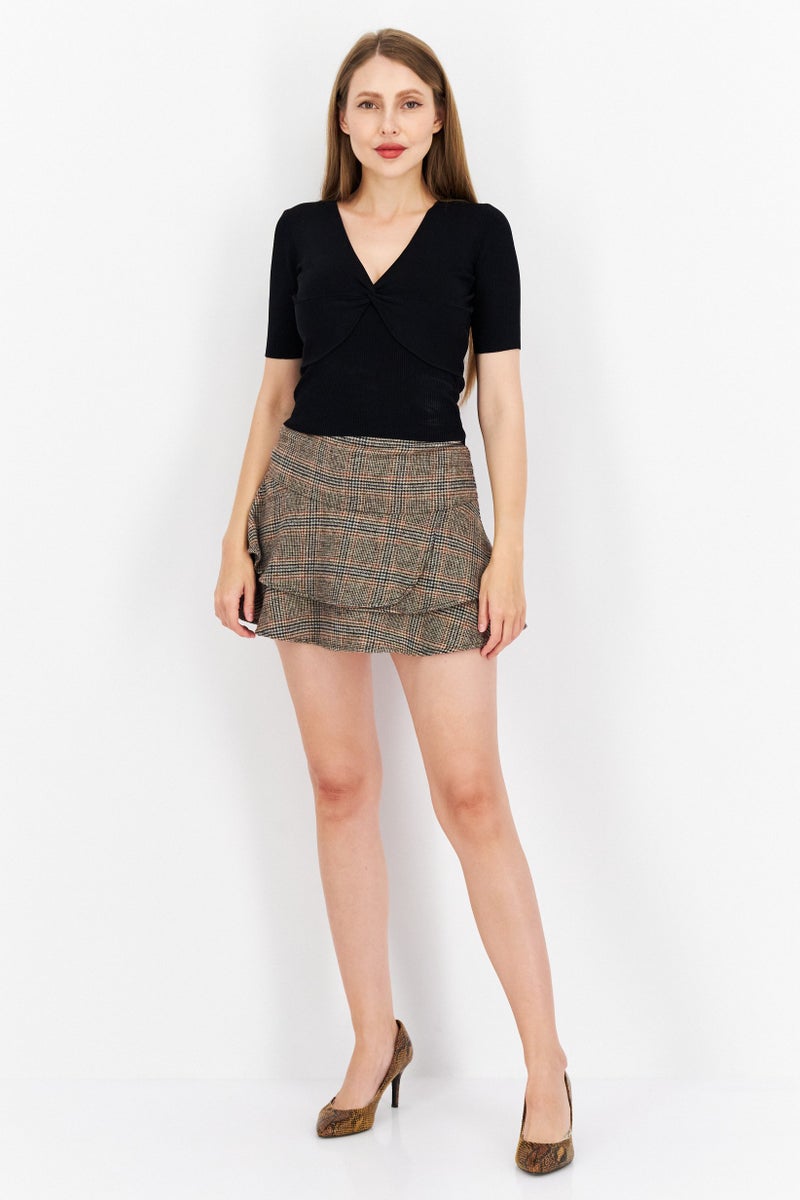 Women Plaid Mini Skort, Brown Combo