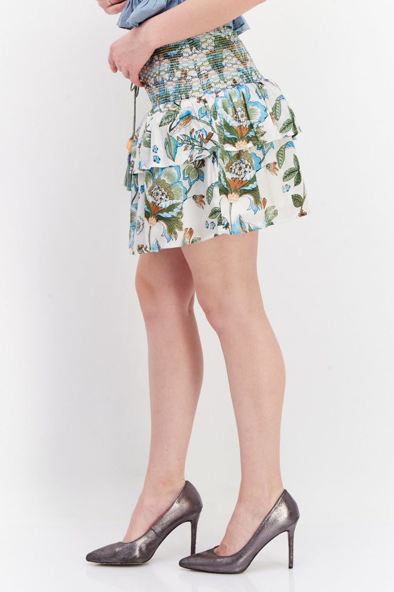 Women Floral Printed Mini Skirt, White Combo