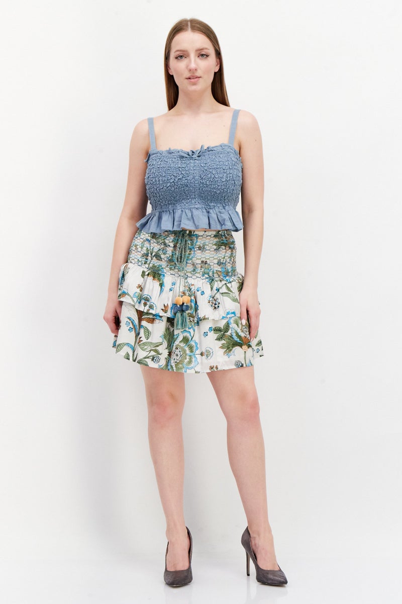 Women Floral Printed Mini Skirt, White Combo