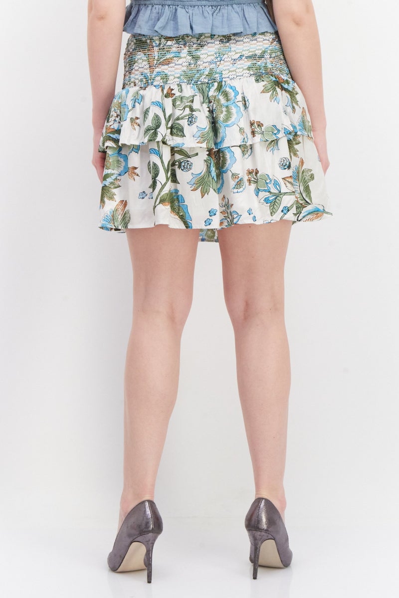 Women Floral Printed Mini Skirt, White Combo