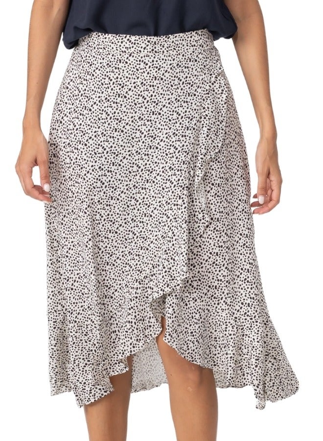 Polka Dot Wrap Midi Skirt with Ruffle Hem - High-Waisted Asymmetrical Skirt