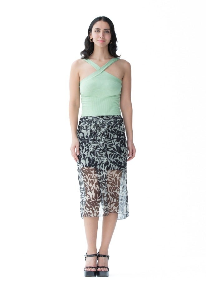 Sheer Printed Midi Skirt