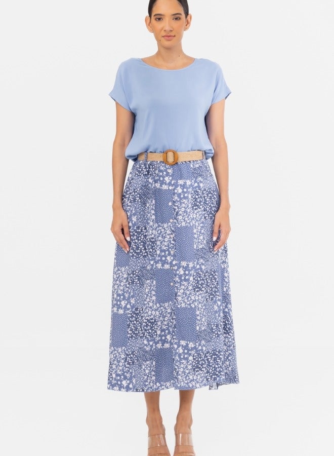 Blue Floral Patchwork Maxi Skirt with Belt - Button-Down High-Waisted Skirt