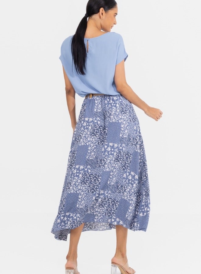 Blue Floral Patchwork Maxi Skirt with Belt - Button-Down High-Waisted Skirt