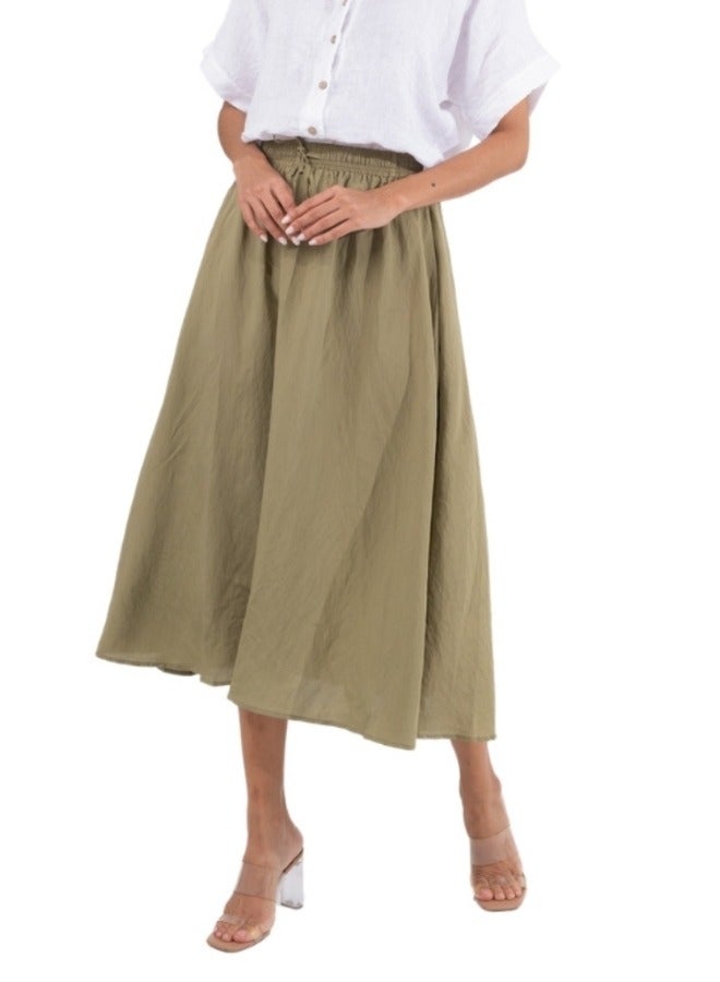 Olive Green A-Line Midi Skirt with Drawstring Waist - Casual High-Waisted Skirt