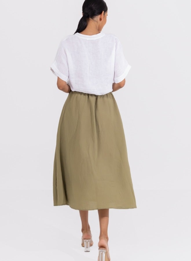 Olive Green A-Line Midi Skirt with Drawstring Waist - Casual High-Waisted Skirt