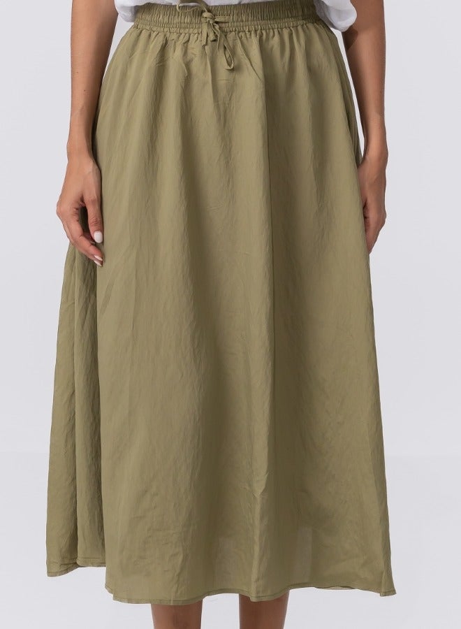 Olive Green A-Line Midi Skirt with Drawstring Waist - Casual High-Waisted Skirt