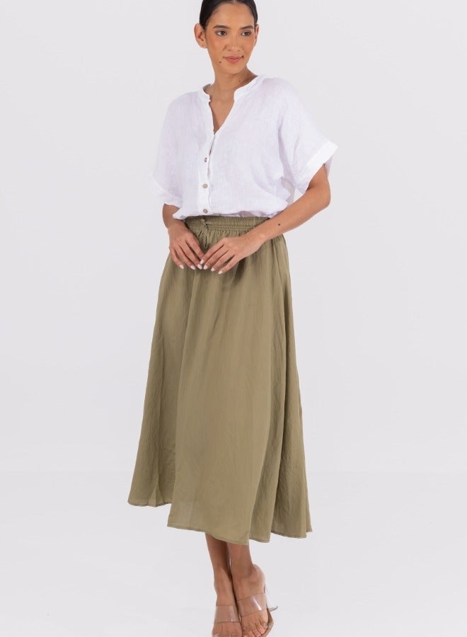 Olive Green A-Line Midi Skirt with Drawstring Waist - Casual High-Waisted Skirt