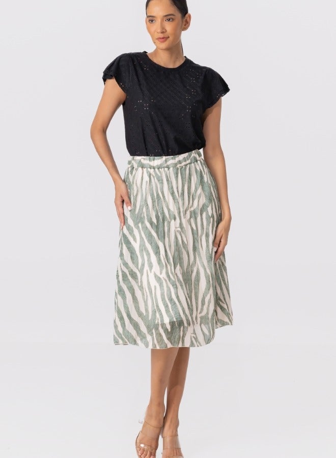 Green and White Zebra Print Midi Skirt - High-Waisted A-Line Skirt