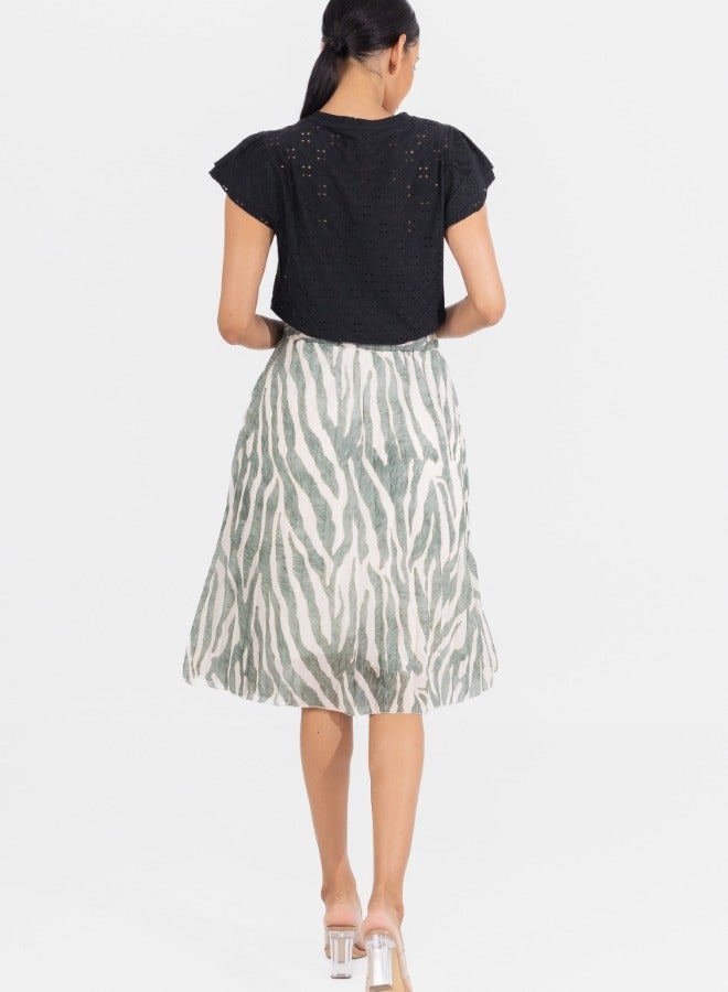 Green and White Zebra Print Midi Skirt - High-Waisted A-Line Skirt