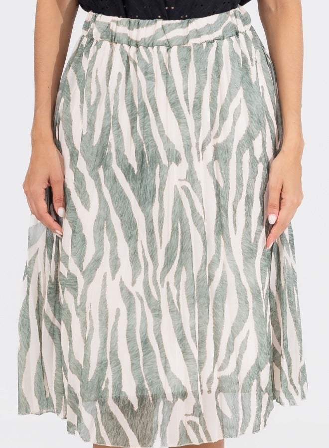 Green and White Zebra Print Midi Skirt - High-Waisted A-Line Skirt