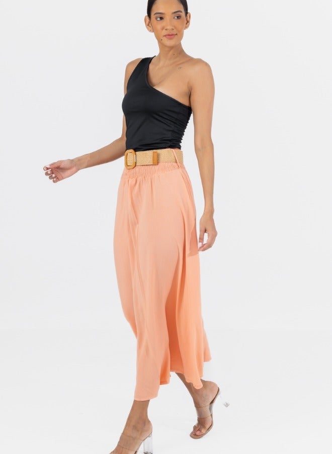 Peach A-Line Maxi Skirt with Elastic Waist and Belt - Flowy High-Waisted Summer Skirt