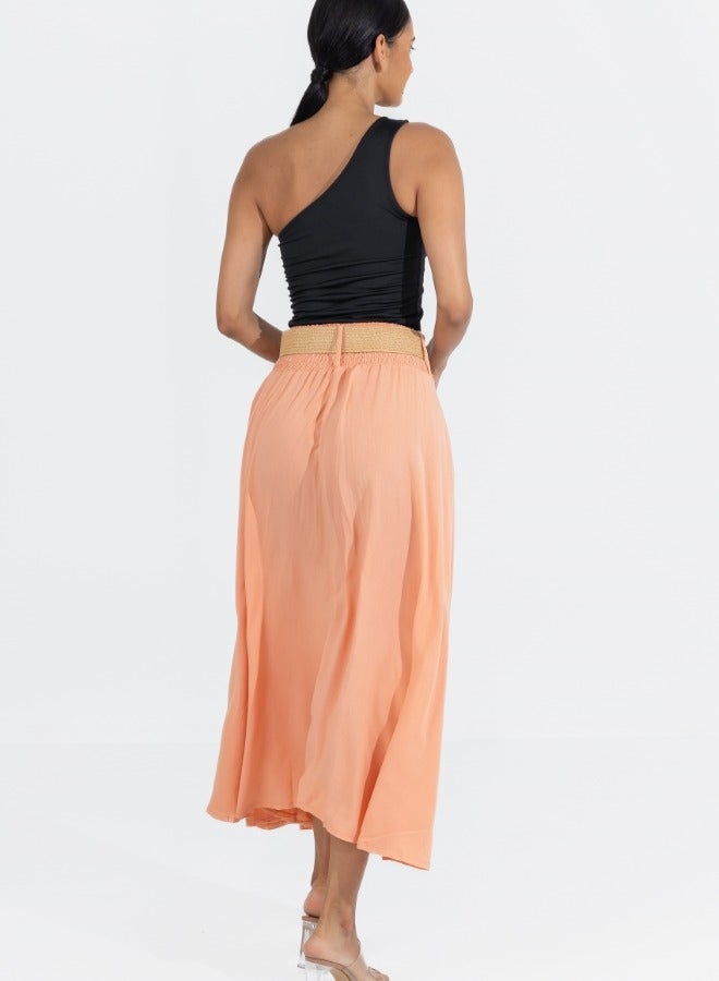 Peach A-Line Maxi Skirt with Elastic Waist and Belt - Flowy High-Waisted Summer Skirt