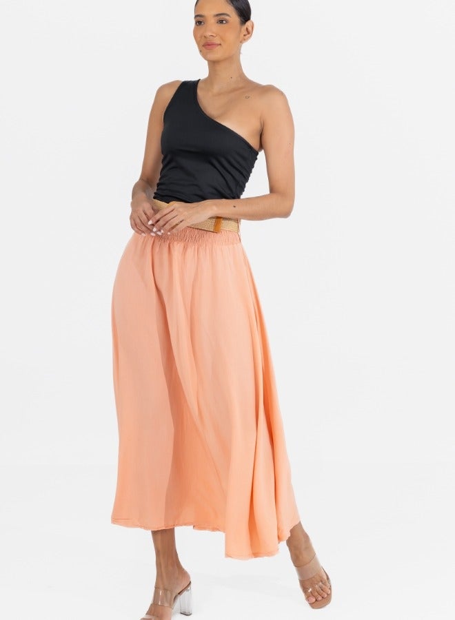 Peach A-Line Maxi Skirt with Elastic Waist and Belt - Flowy High-Waisted Summer Skirt