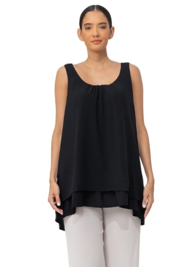 Sleeveless Layered Asymmetrical Hem Tunic Top - Black