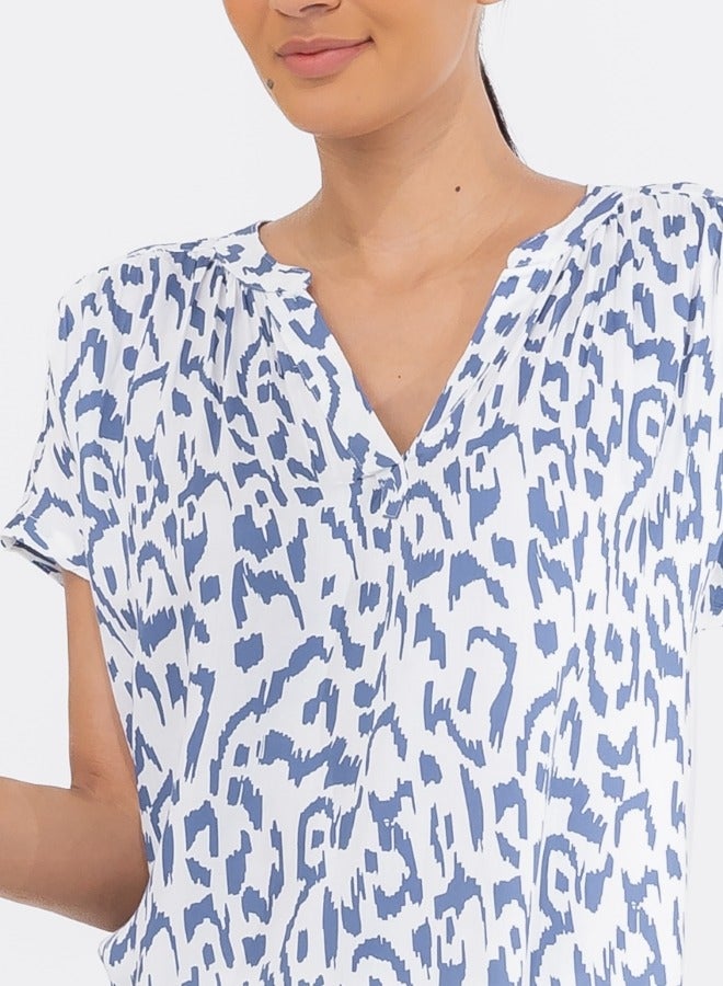 Abstract Print V-Neck Cap Sleeve Blouse - Blue and White