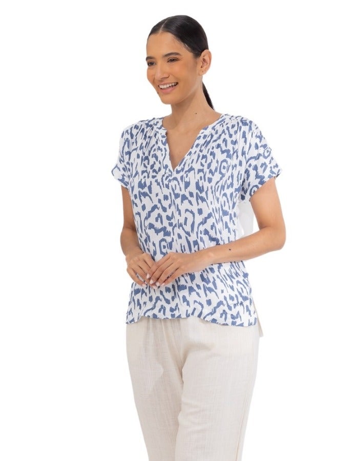 Abstract Print V-Neck Cap Sleeve Blouse - Blue and White