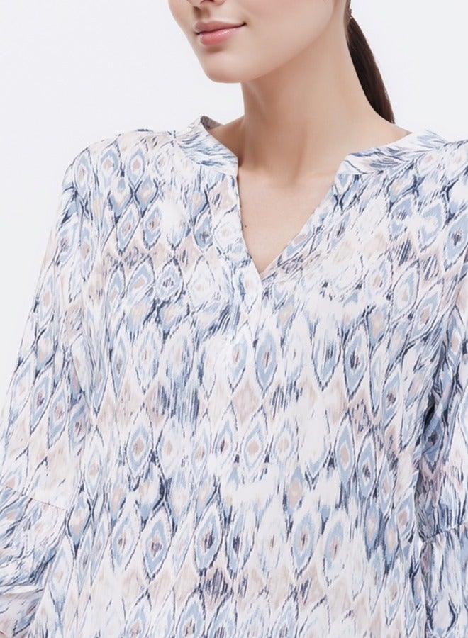 Ikat Print V-Neck Blouse - Casual 3/4 Sleeve Top