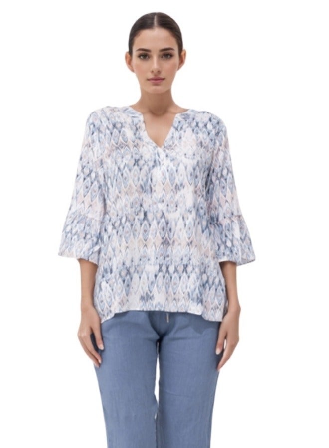 Ikat Print V-Neck Blouse - Casual 3/4 Sleeve Top