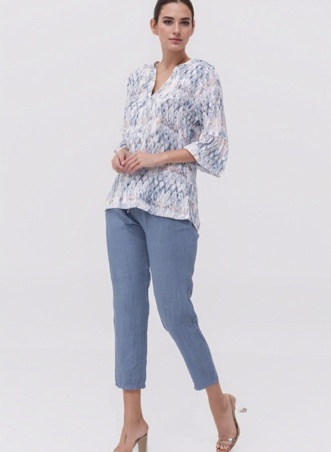 Ikat Print V-Neck Blouse - Casual 3/4 Sleeve Top