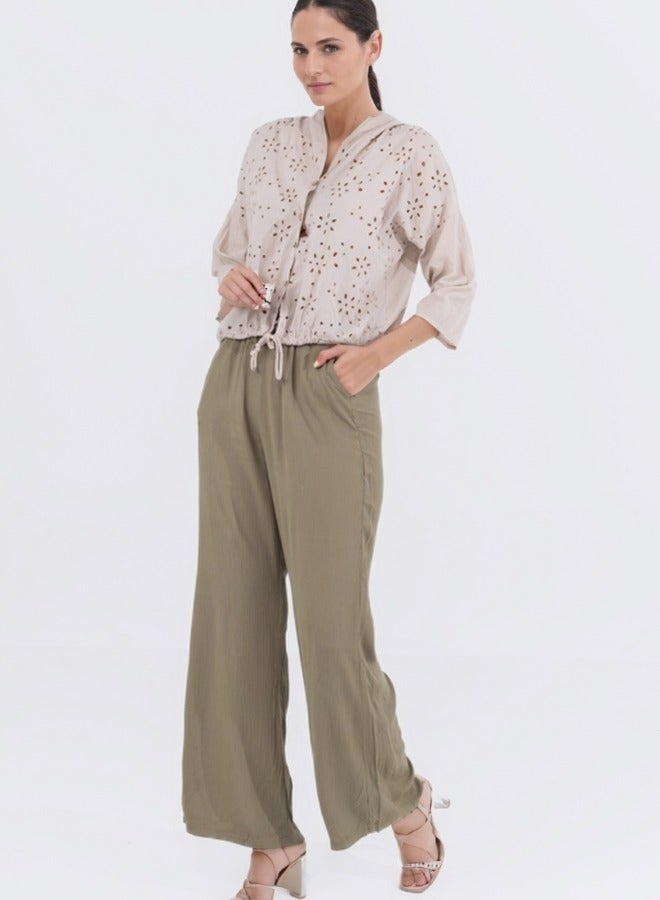 Button-Down Embroidered Eyelet Blouse - Beige