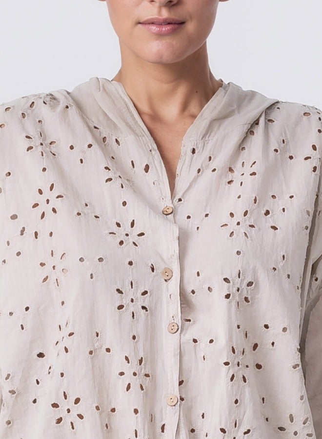 Button-Down Embroidered Eyelet Blouse - Beige