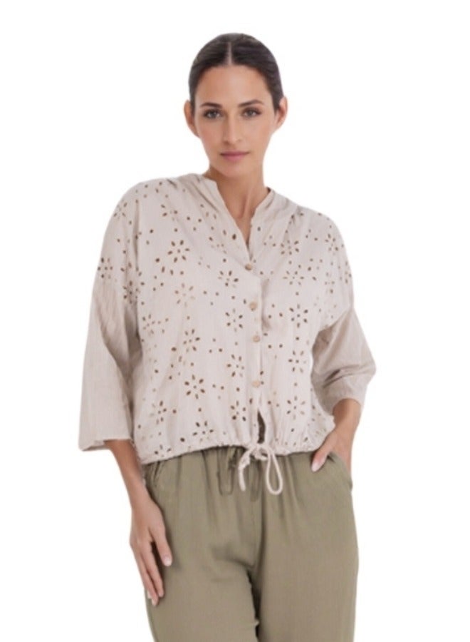 Button-Down Embroidered Eyelet Blouse - Beige