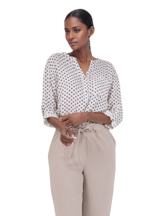 Diamond Print V-Neck Blouse - White with Black print