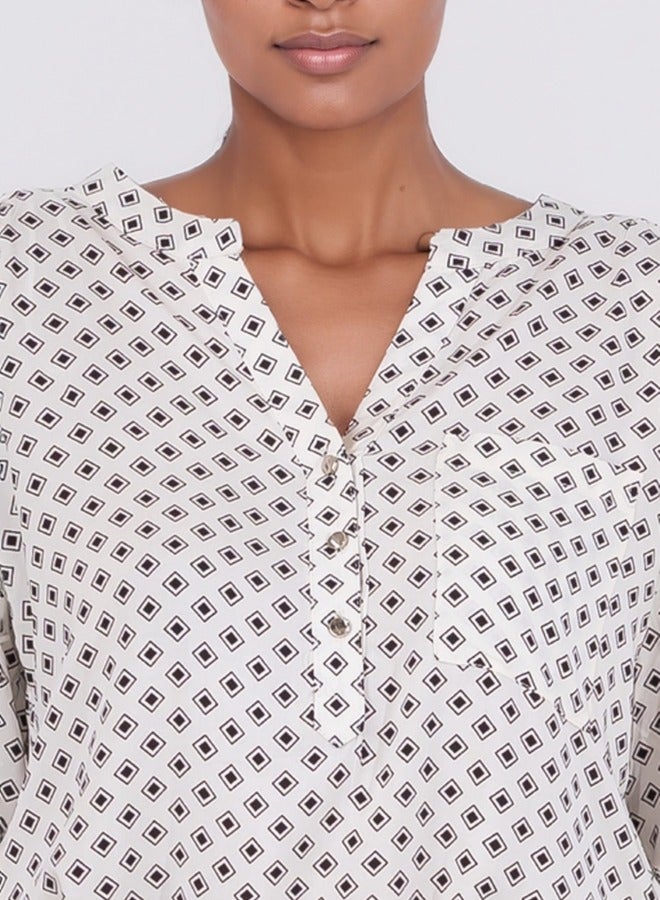 Diamond Print V-Neck Blouse - White with Black print