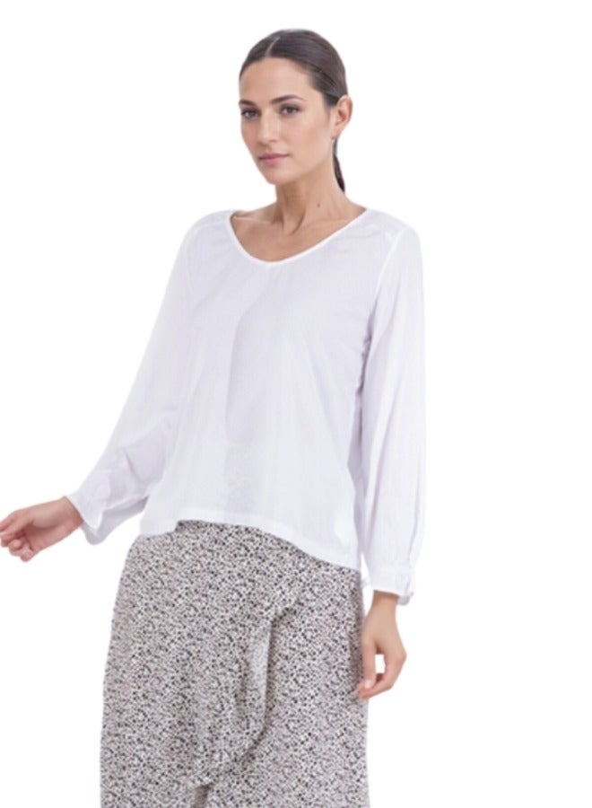 Long Sleeve V-Neck Blouse with Shirred Shoulders - White