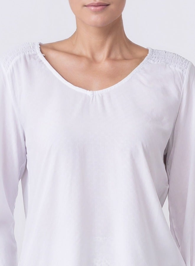 Long Sleeve V-Neck Blouse with Shirred Shoulders - White