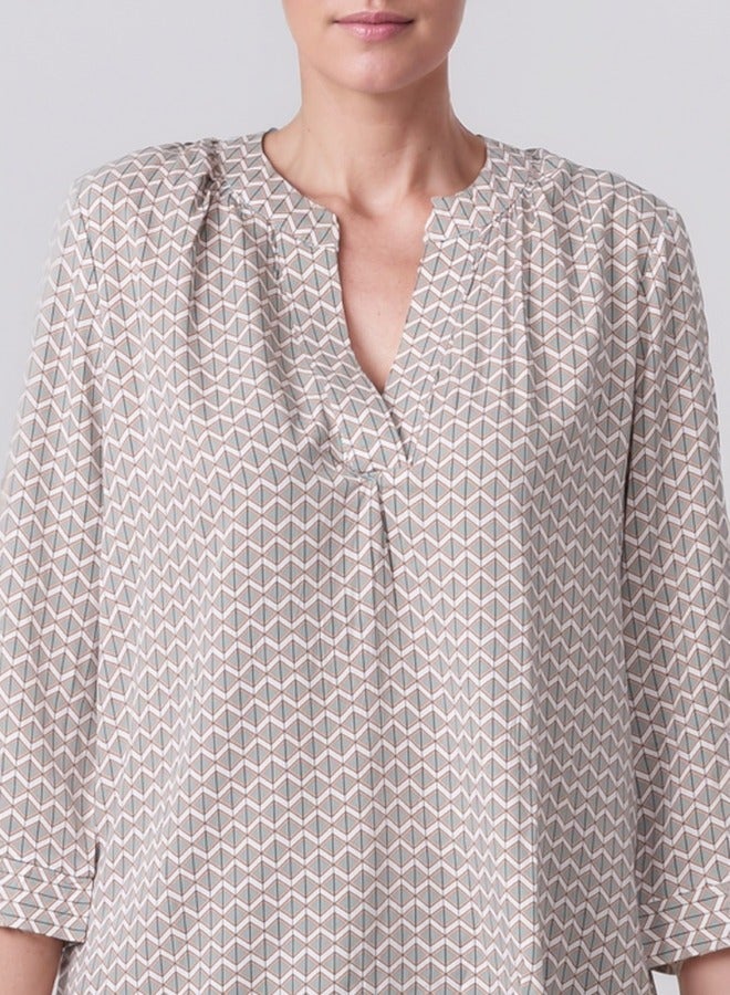 Geometric Print Split Neck Blouse - Beige and Blue