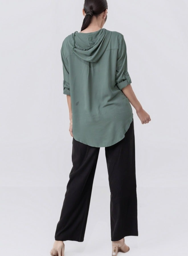 Hooded Long Sleeve Casual Tunic - Sage Green