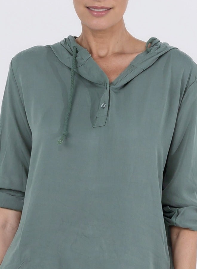 Hooded Long Sleeve Casual Tunic - Sage Green