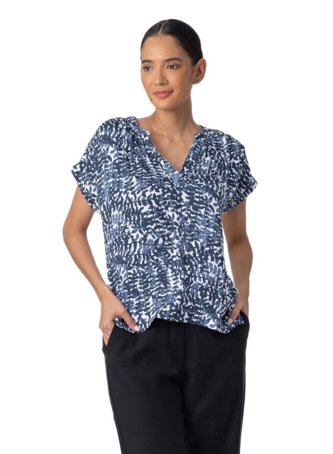 Abstract Print V-Neck Cap Sleeve Blouse - Blue and White