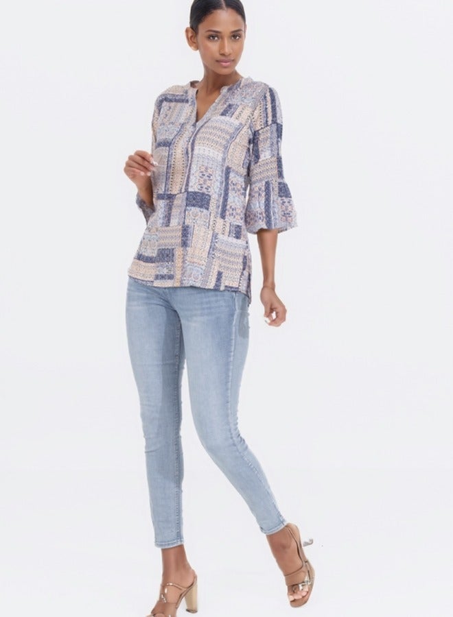 Boho Patchwork Print V-Neck Blouse - Casual 3/4 Sleeve Top