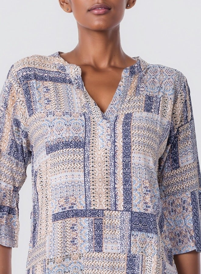 Boho Patchwork Print V-Neck Blouse - Casual 3/4 Sleeve Top