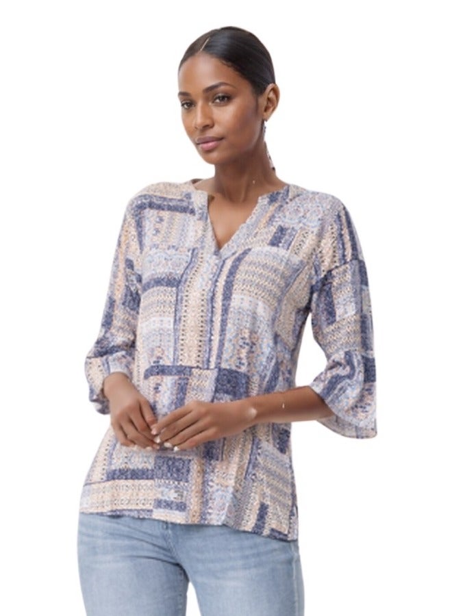 Boho Patchwork Print V-Neck Blouse - Casual 3/4 Sleeve Top