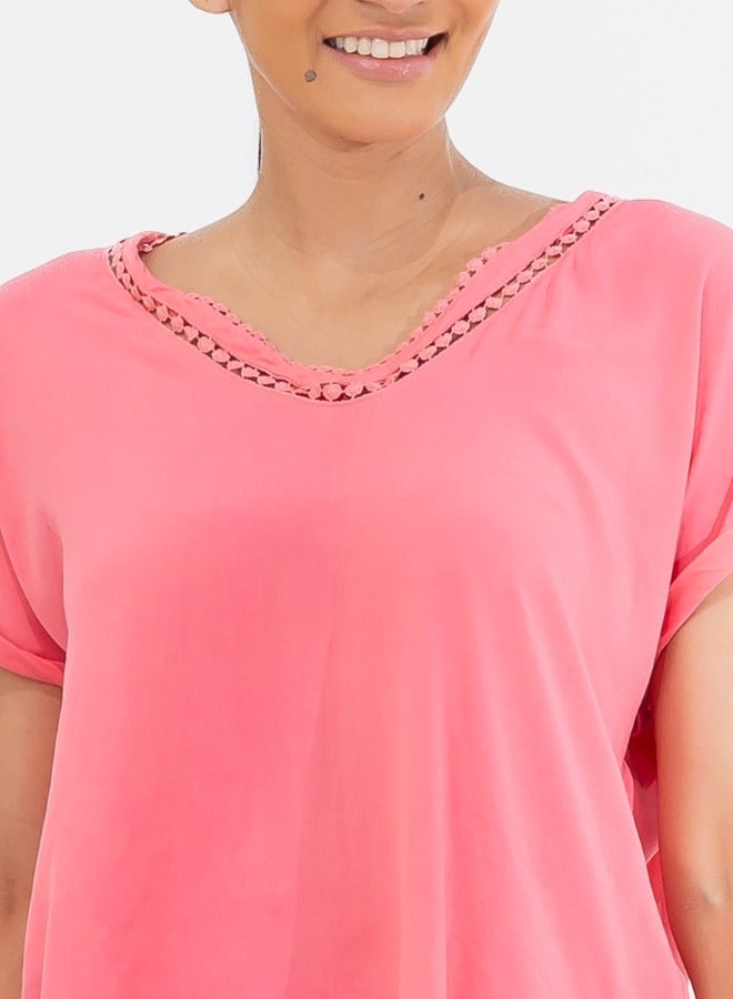 Coral Pink V-Neck Short Sleeve Top with Crochet Trim - Casual Loose Fit Blouse