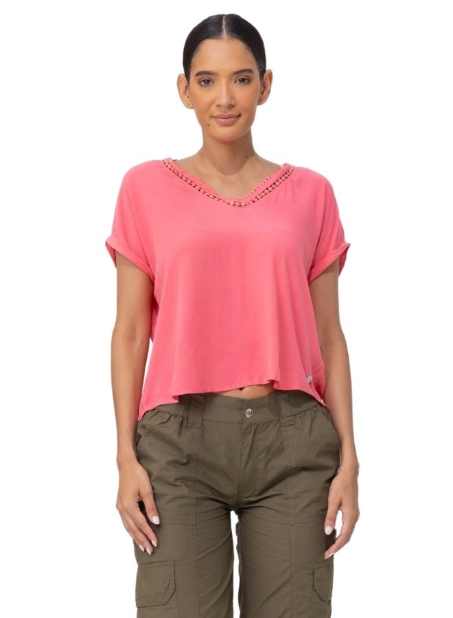 Coral Pink V-Neck Short Sleeve Top with Crochet Trim - Casual Loose Fit Blouse