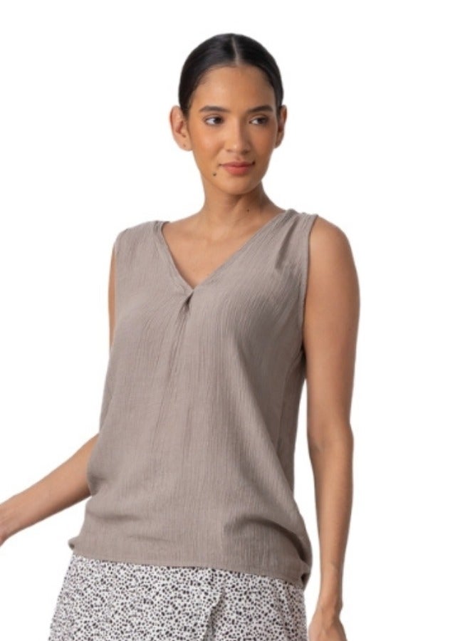 Sleeveless V-Neck Blouse - Taupe