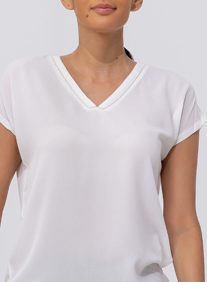 V-Neck Cap Sleeve Blouse - White