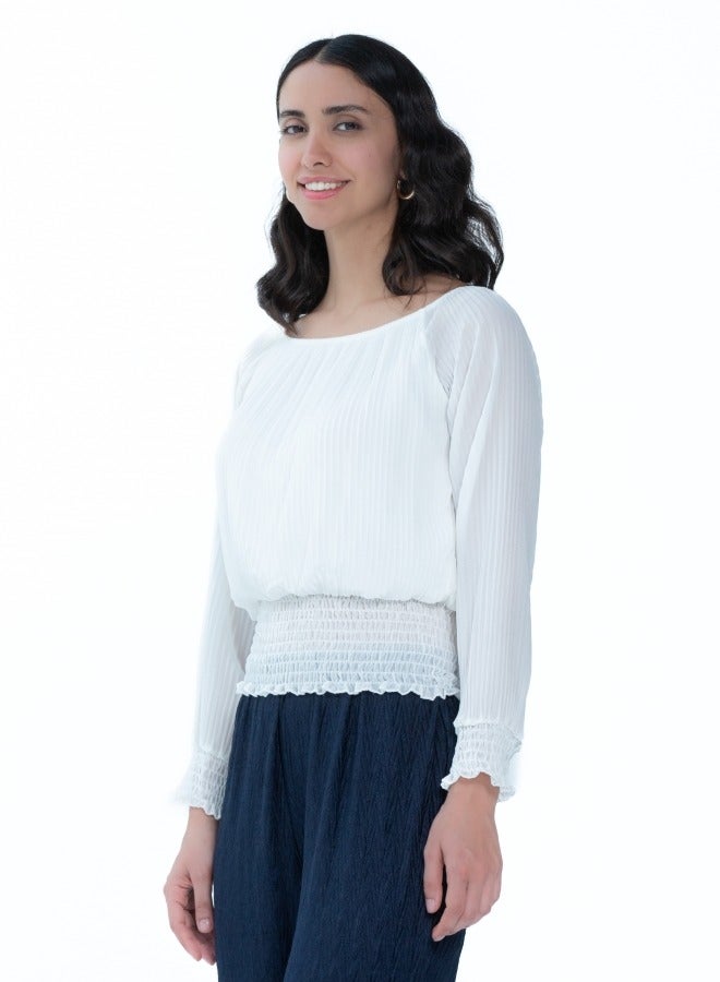 Elegant White Pleated Long sleeve Blouse with Smocked Waist