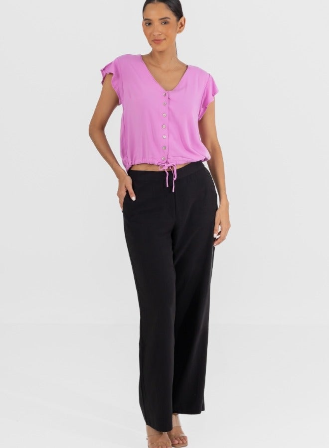 Pink Button-Down V-Neck Top with Drawstring Hem - Short Sleeve Casual Blouse