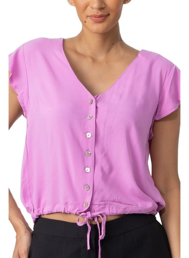 Pink Button-Down V-Neck Top with Drawstring Hem - Short Sleeve Casual Blouse