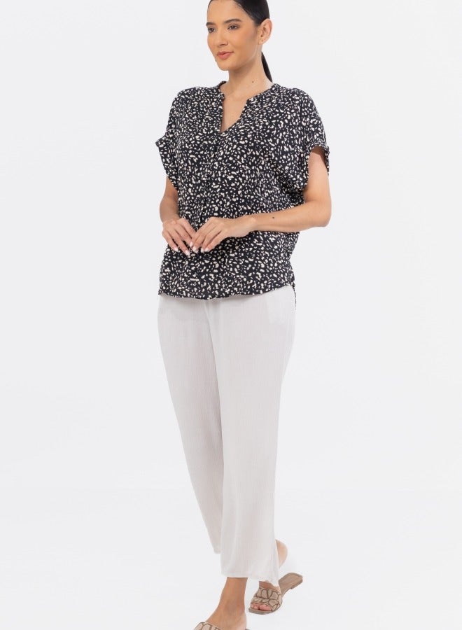 Black and White Abstract Print V-Neck Blouse - Short Sleeve Button-Down Top